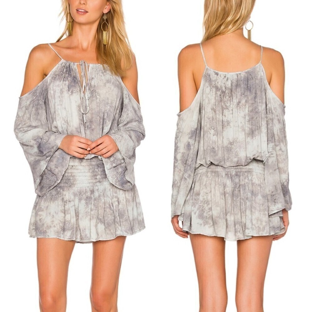 BLUE LIFE Shirred Waist Dress Cold Shoulder Mini in Boho Goddess Oasis Grey XS
